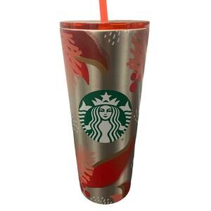 Starbucks Holiday 2019 Silver Holly Red Pink Stainless Steel Cold Tumbler 24oz